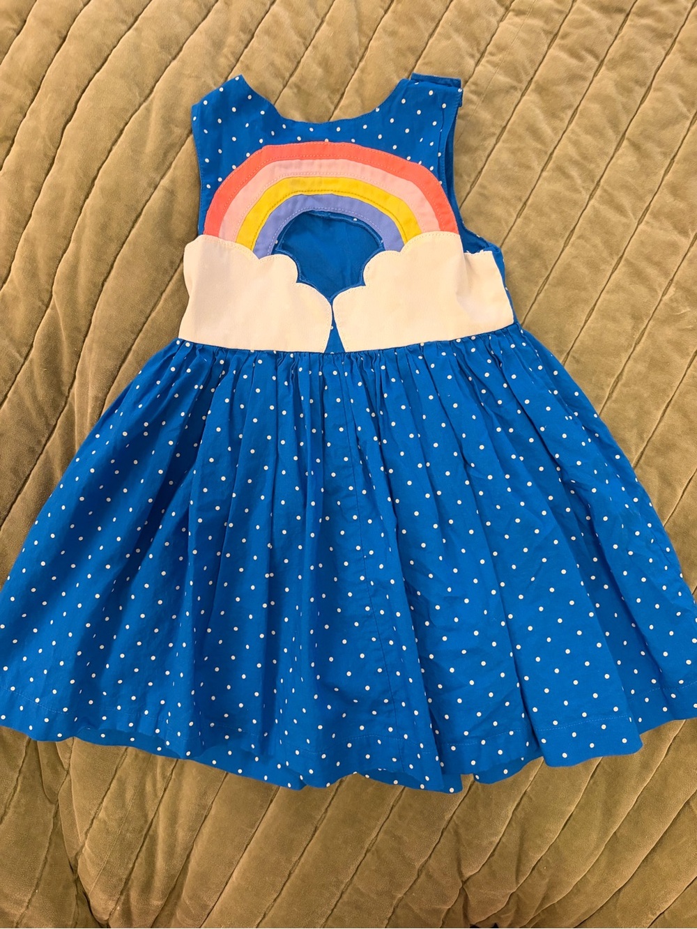 Mini Boden Blue Polka Dot Dress with Rainbow & Cloud Applique